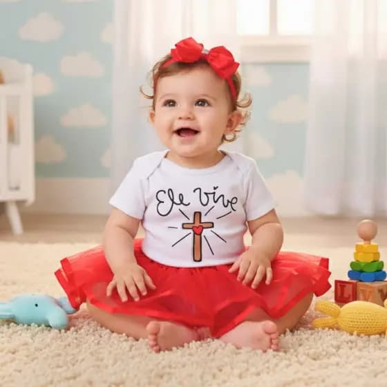 Kit Body Tematico Ele vive Presente Cristão Mesversário Cha De Bebe Kit