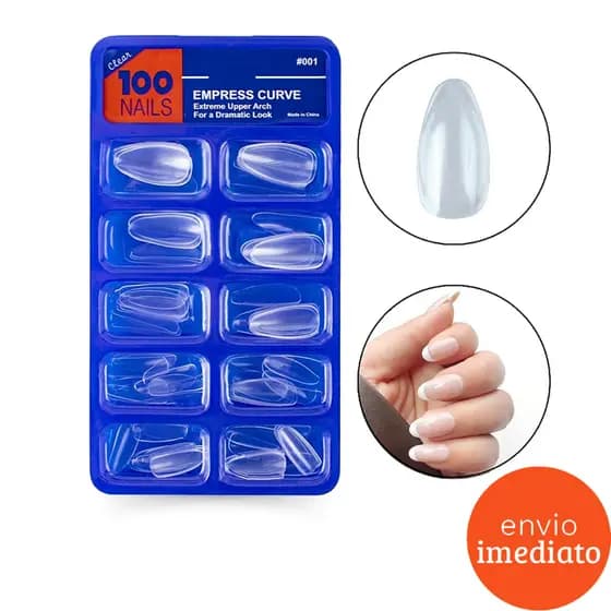 Kit 100 Unhas Postiça Almond Amendoada Realista Transparente Leitosa