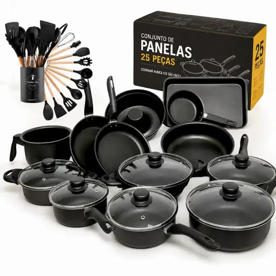 Kit Jogo Conjunto Panelas 25 Peças Preto Teflon Antiaderente Vidro Temperado Varias cores