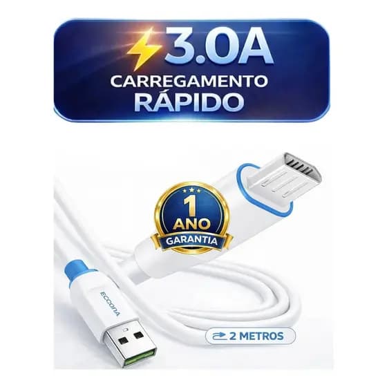 Cabo Micro USB V8 2m Carregador Android Dados e Carga Resistente p/ Celular Controle