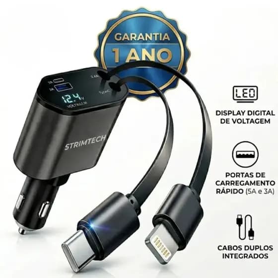 Carregador Tomada Veicular Retrátil 120W 4 em 1 USB Tipo C iPhone Android com Voltímetro LED