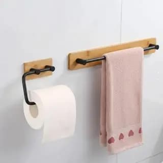 Kit Banheiro Bambu e Ferro Preto – Porta Toalha + Porta Papel Higiênico Clink - Sem furo