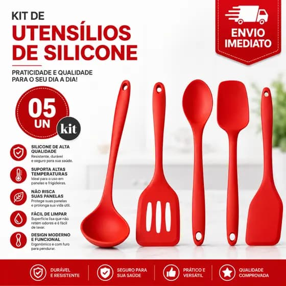 Kit 5 Utensílios de Cozinha Silicone Premium Concha Espátulas Colher Casa Cozinha Restaurante Buffet