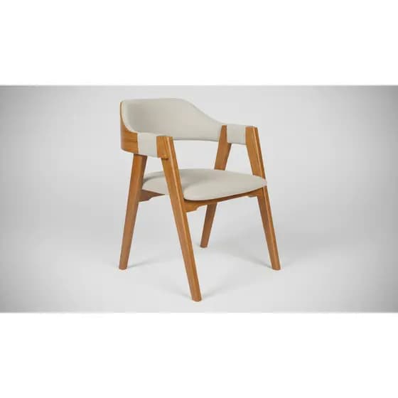 Cadeira Sala de Jantar Bege Estilo Concha de Luxo Estrutura em Madeira Encosto Laminado Courino Linho Decorativa Moderna