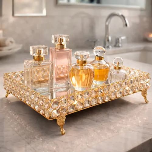 Bandeja Luxo Decorativa Cristal Perfumes Maquiagem Lavabo Premium Dourado