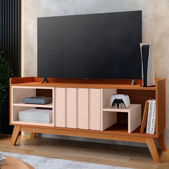 Rack Estante Smolt Até 50 Polegadas TV Pés de Madeira Porta Ripado Nicho Moderno Variação de Cores