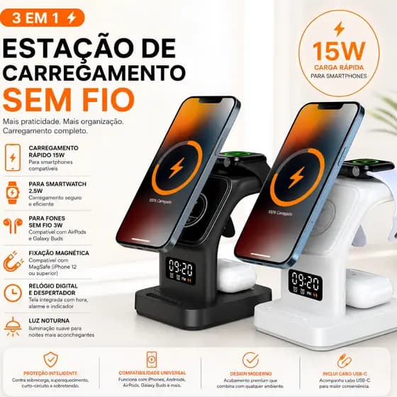 Carregador Indução 5 em 1 Magsafe iPhone Samsung Watch Air Pods com Luminária