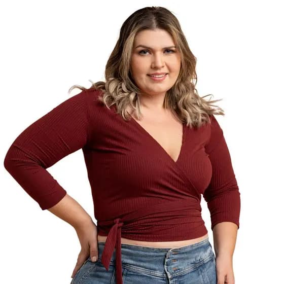 Blusa Envelope Cropped Malha Canelada Multi Formas De Uso Plus Size