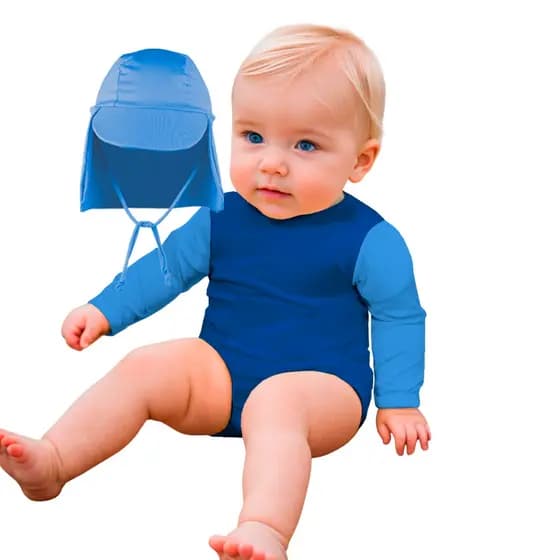 Body Bebê Com Proteção Solar Uv 50+ Boné Banho Praia Piscina
