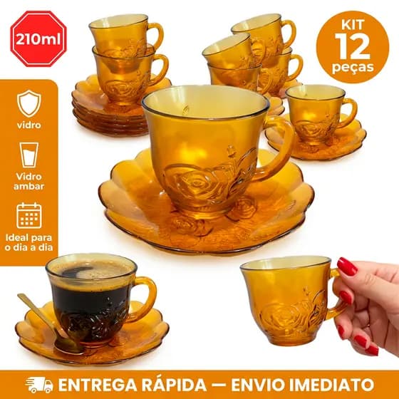kit jogo 12 Peças sendo: 6 Xícaras + 6 Pires de Cha e Cafe Ambar florado Unidades 210ml Moderno