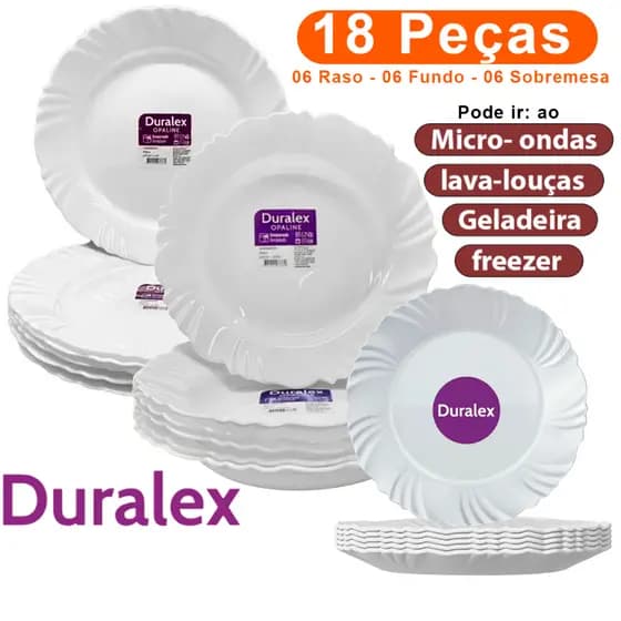 Jogo conjunto de jantar 18 Pratos Pétala Duralex Opaline 6 Fundo 6 Raso 6 Sobremesa Vidro Branco