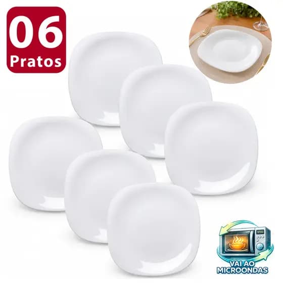 Jogo 06 Pratos Rasos Quadrado Branco Opaline 23,5cm Temperado Restaurante Jantinha casa hotel