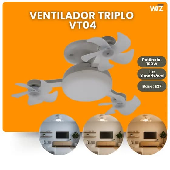 Ventilador de Teto Triplo VT04 3 Cores de Luz Com Lâmpada Led Silencioso Ajustável