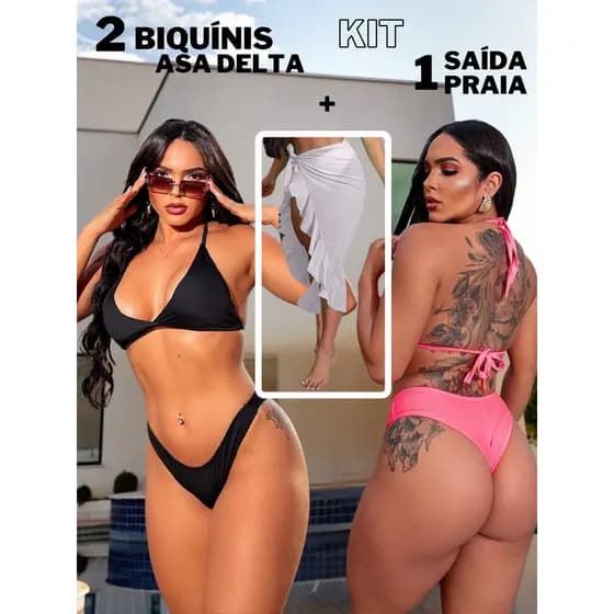 Kit 2 Biquínis Asa Delta Forrado Bojo + Saida De Praia Verão
