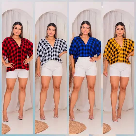 BLUSA XADREZ FEMININA PLUS SIZE, MANGA MORCEGO TECIDO DUNA DECOTE V COM AMARRAÇAO NAS COSTA