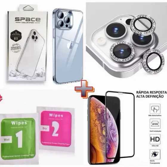 Capa transparente acrílico para iPhone 11 12 13 14 15 16 + Kit Lente Película De Câmera Diamante + Película De Vidro 3d。