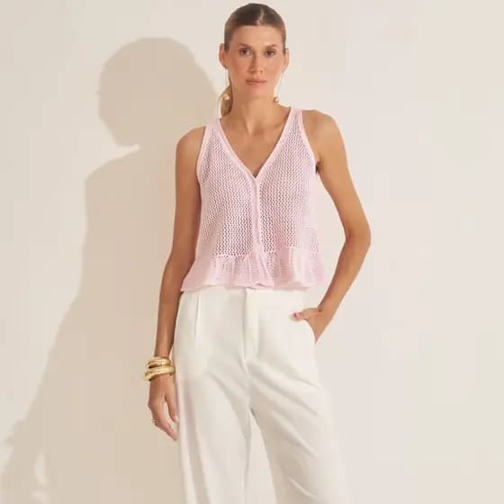 Blusa Regata Feminina Soltinha Croche Tricot Vazado Com Babados Leve Verão Com Botões