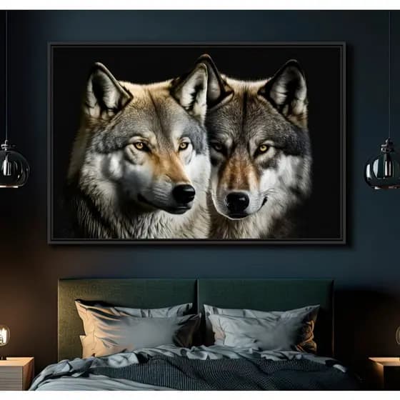 Quadro Casal de Lobos Amor Uivante Artístico