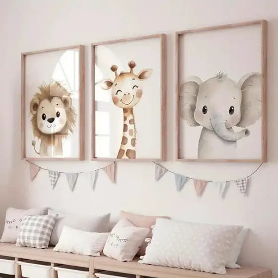 Quadro Decorativo Safari Bebê – Leão, Girafa e Elefante Individual ou Kit