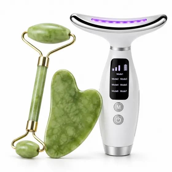 Massageador Facial 7 Cores + Rolo Pedra Jade Roller Guasha