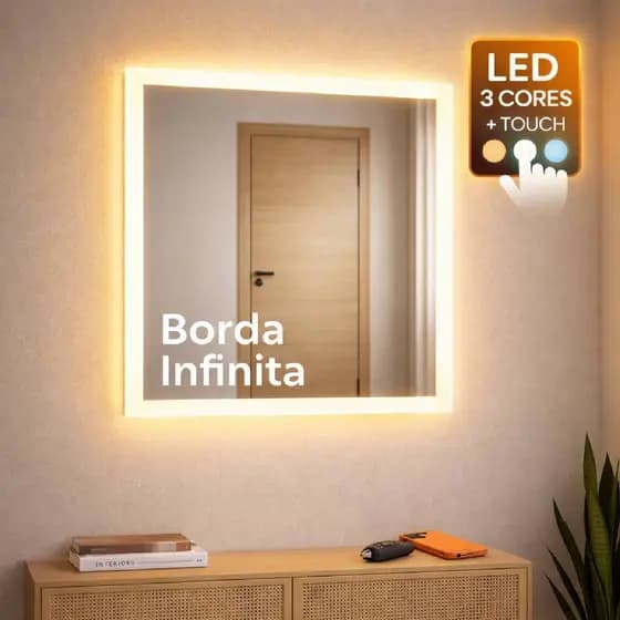 Espelho Quadrado Jateado Borda Infinita com LED 50x50 60x60 70x70 80x80 Sala Quarto Banheiro Salão