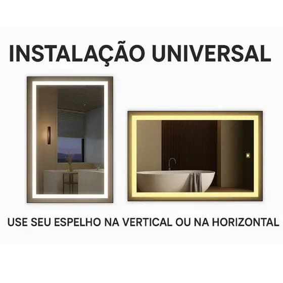 Espelho Retangular 80x60 cm com LED 3 CORES Touch Horizontal Vertical Parede Quarto Sala Closet Banheiro