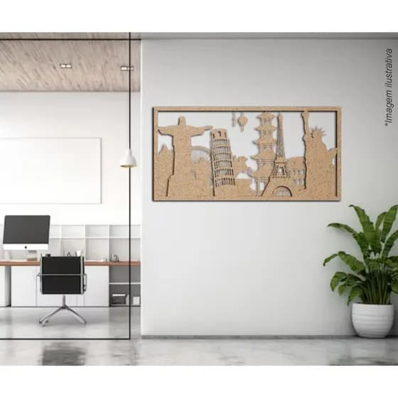 Quadro MDF 3mm cru Viagem Mundo Turismo corte laser vazado 3D