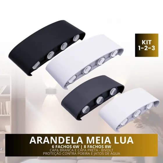Luminária Arandela Meia Lua Led 6w/8w Cor Branca ou Preta Ip66 Bivolt Branco Quente 3000K 6/8 Fachos