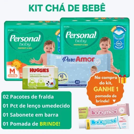 Kit Chá de Bebê 2 Pacotes Fralda Personal Baby + 1 Lenço Umedecido + 1 Pomada + 1 Sabonete Infantil