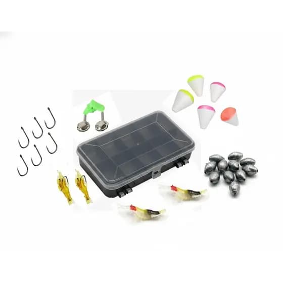 Kit Pesca Completo: Estojo, Chumbadas, Anzol, Isca Camarão Silicone, Bóias e Sino Alarme Duplo