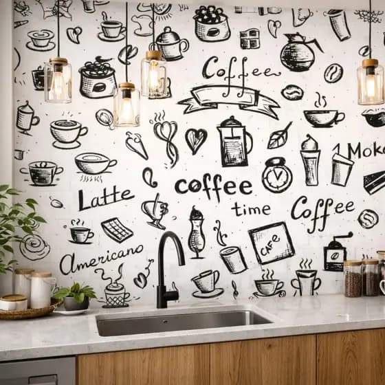 Papel De Parede Café Cozinha Autocolante Lavável Cor Branco e Preto 3D Impermeável