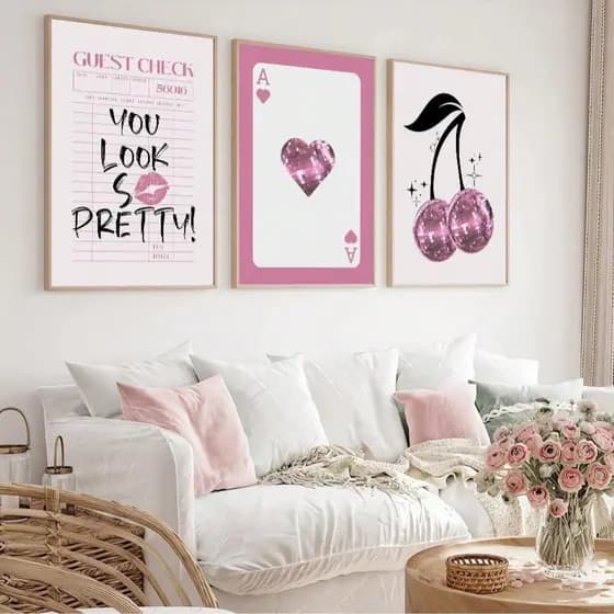 Quadros decorativos Carta, cereja e fundo de jornal aesthetic bonito preppy (3 peças)