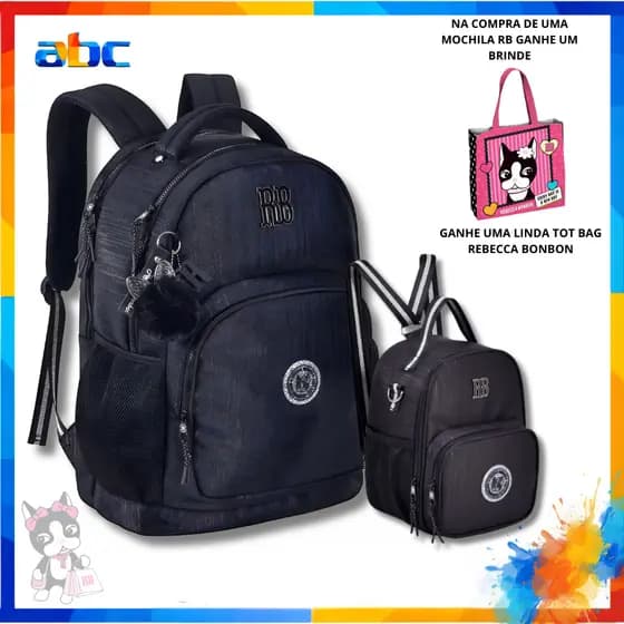 Kit Mochila Costas Rebecca Bonbon Com Lancheira e Estojo Box - Preto
