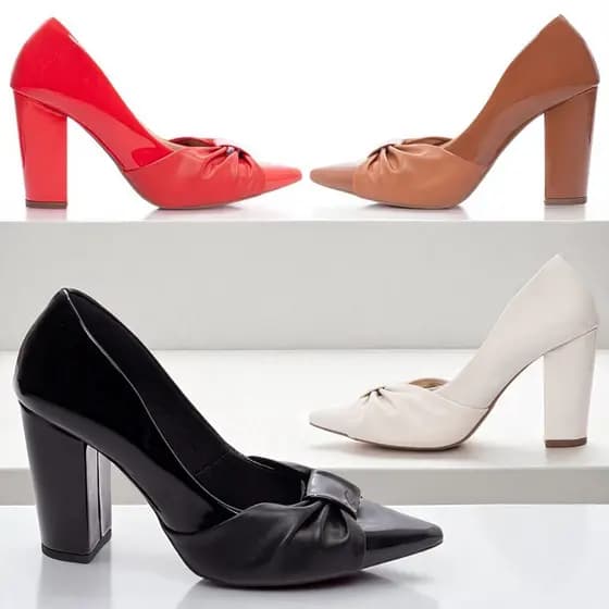 Sapato Scarpin Feminino Salto Alto Bloco Grosso Laço Elegante Luxo Preto Vermelho Caramelo Off White