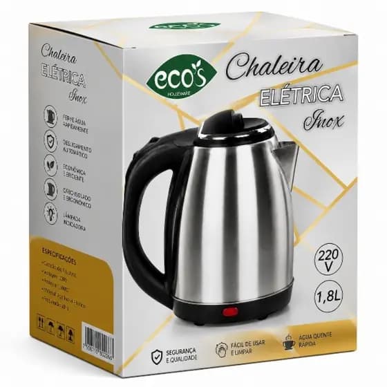 CHALEIRA ELÉTRICA INOX 1,8L 220V 1500W – ECO’S HOUSEWARE | PREMIUM | INOX ESCOVADO | SELO INMETRO