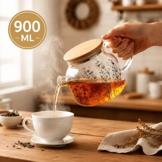 Chaleira de Vidro Borossilicato Com Tampa de Bambu Floral 900ml Wolff Bule de para Chá Café Premium