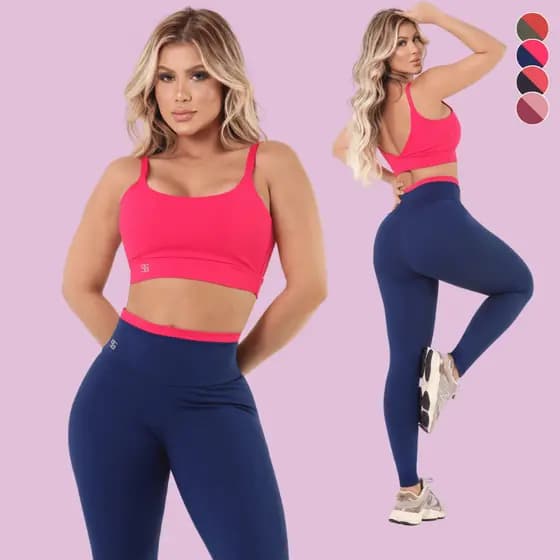 Conjunto Fitness Feminino Top Reagata e Calça Legging Poliamida Cintura Alta Modelador