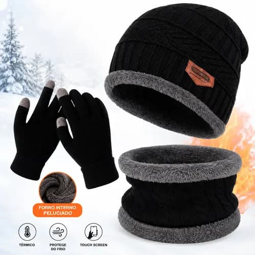 Kit Inverno Touca Gorro + Cachecol + Luva Touch para Celular Térmico Masculino Feminino