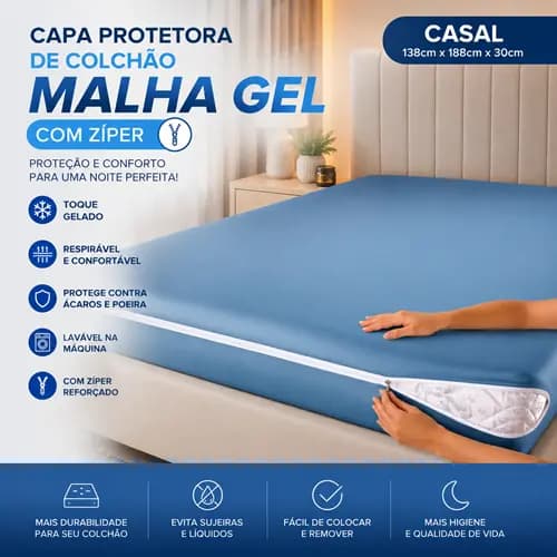 Capa Protetora para Colchão Casal Premium Malha Gel com Zíper Lateral Respirável Lavável Cores Sortidas