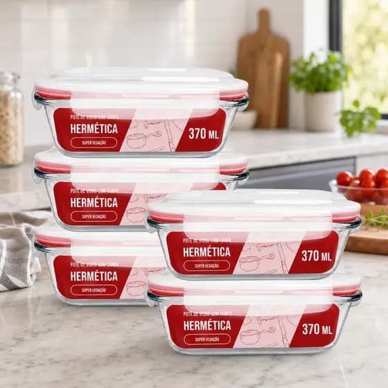 Kit 5 Marmitas Vidro Herméticas 370ml Pote Tampa Alimentos Fitness Forno e Micro-ondas