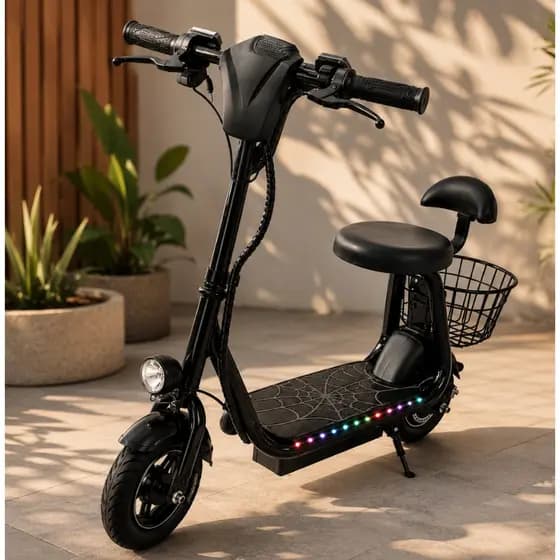 Patinete Elétrico Suporta ate 80kg Infantil 250W Mini Scooter Bluetooth LED Colorido Freio Farol Cesto