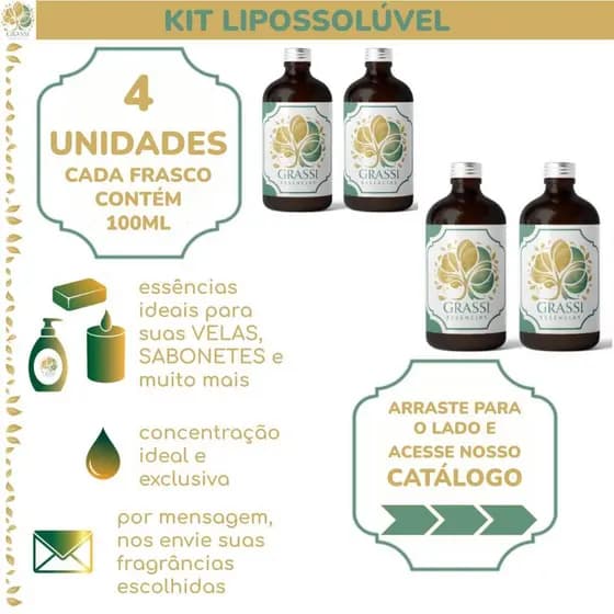 Kit 4 Essências Lipossolúveis | + 200 Opções de Fragrâncias | 100ml por frasco | Escolhas via Chat