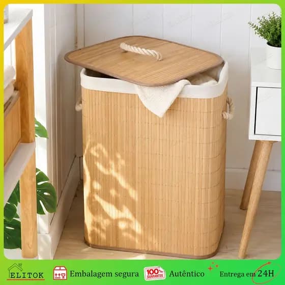 Cesto de Roupa Suja Bambu Grande 72 Litros Com Tampa Alças Dobrável Forrado Organizador Banheiro Lavanderia