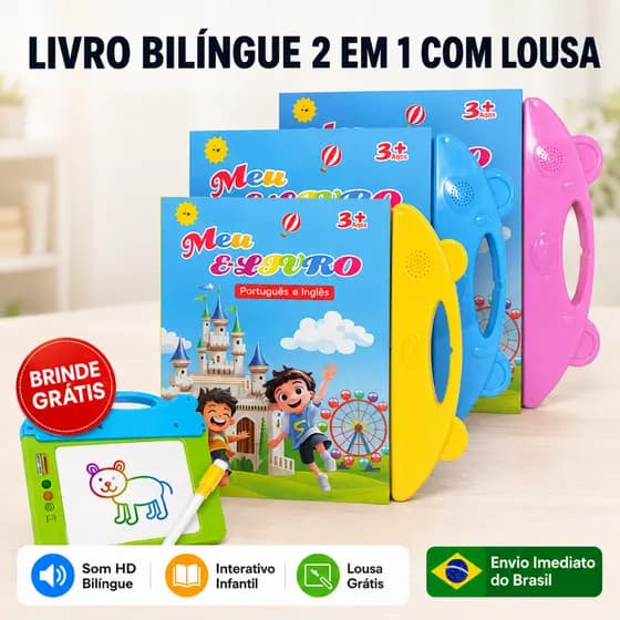 Livro Infantil Interativo com Som Bilíngue Português-Inglês Brinquedo Educativo 2 em 1 Lousa Mágica