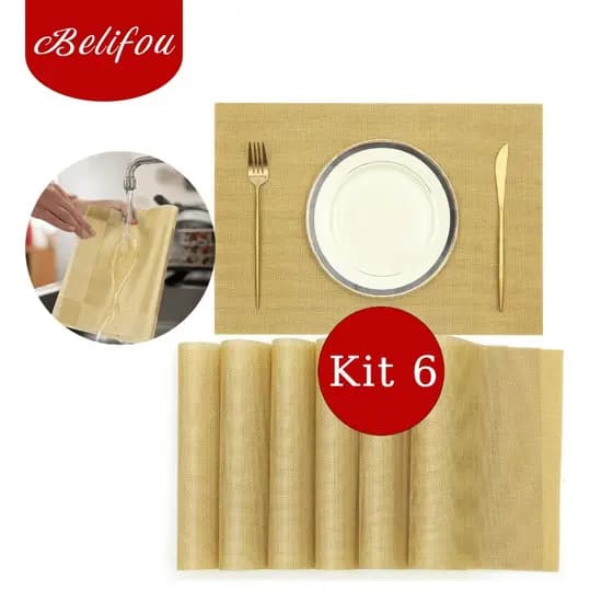 Belifou Kit 6 Mesa Jogos Americanos E Descanso PVC Retangular Dourados - Matio