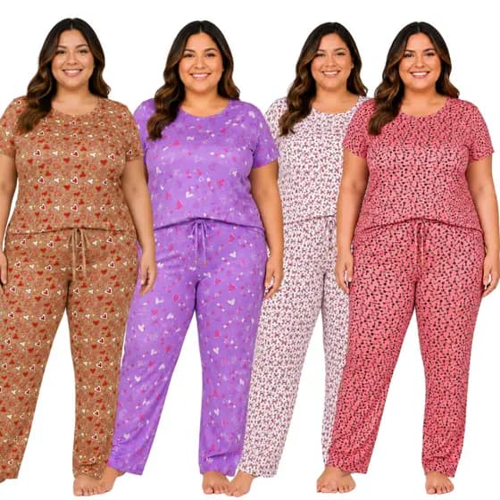 Pijama Plus Size Feminino Com Calça Longa e Blusa Manga Curta - Conforto