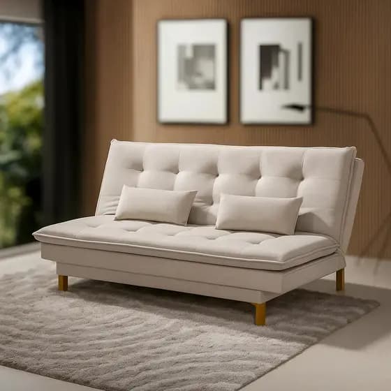 Sofá Cama Bicama Reclinável Veludo Captone Estrutura E Pés Madeira Cinza e Bege 130x190cm 3 Posições