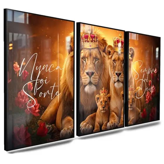 Quadro Decorativo Leão Leoa Família Reino Da Fé Herança e Coragem Força e Propósito