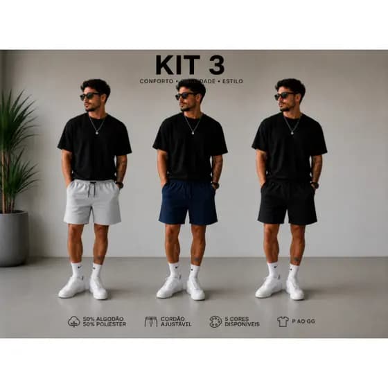 KIT 3 BERMUDAS DE MOLETOM MASCULINO CASUAL TREINO ACDEMIA ESPORTIVA VERÃO