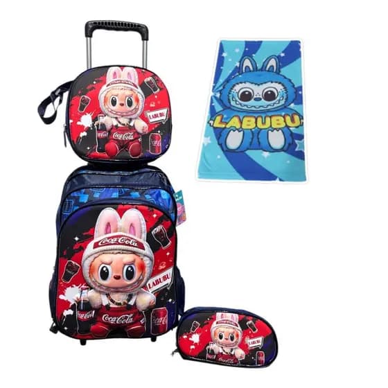 Kit Mochila Escolar 3D com Rodinhas Labubu + Lancheira Térmica + Estojo + Toalha Infantil